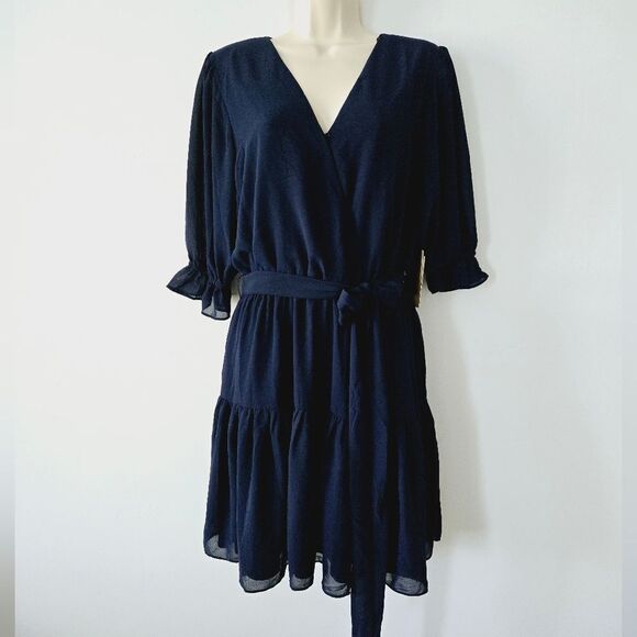 Halogen Surplice Faux Wrap Mini Dress in Classic Navy NWT - Picture 2 of 6